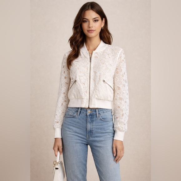 NWT Jason Wu Lace Bomber Jacket White Cropped Floral Zip Up DesignerMSRP $325 - Picture 4 of 9